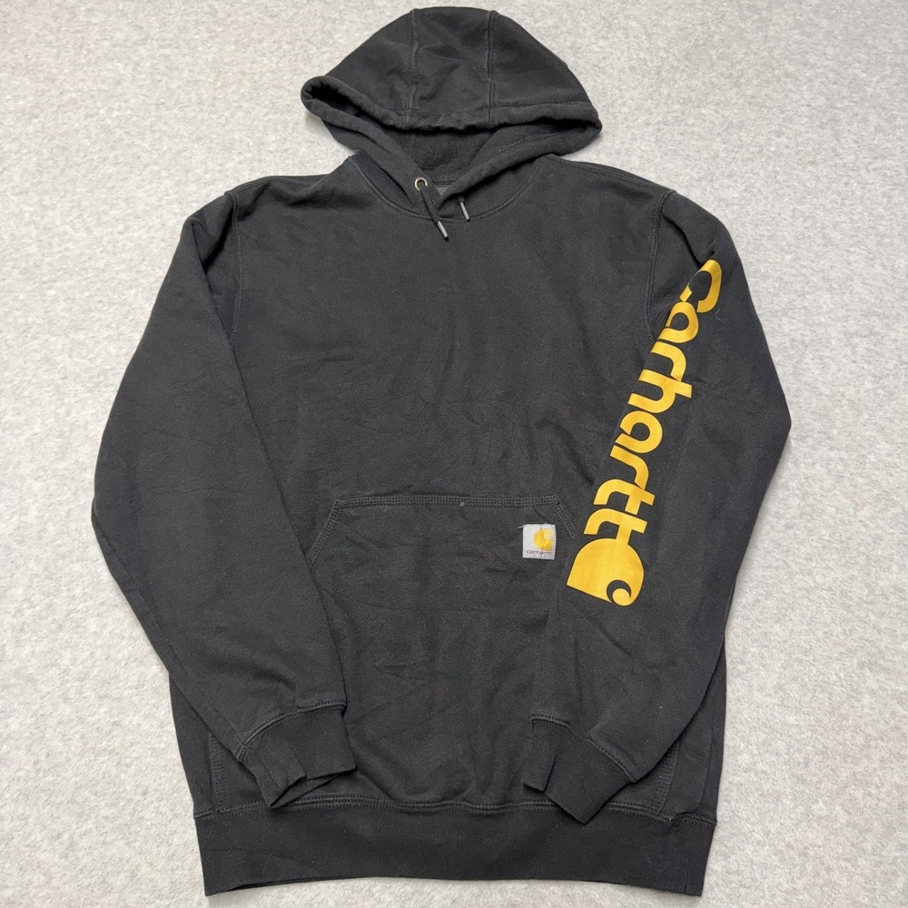 Carhartt Hoodie Mens Small Black Loose Fit Fleece Pullover Logo Sweatshirt